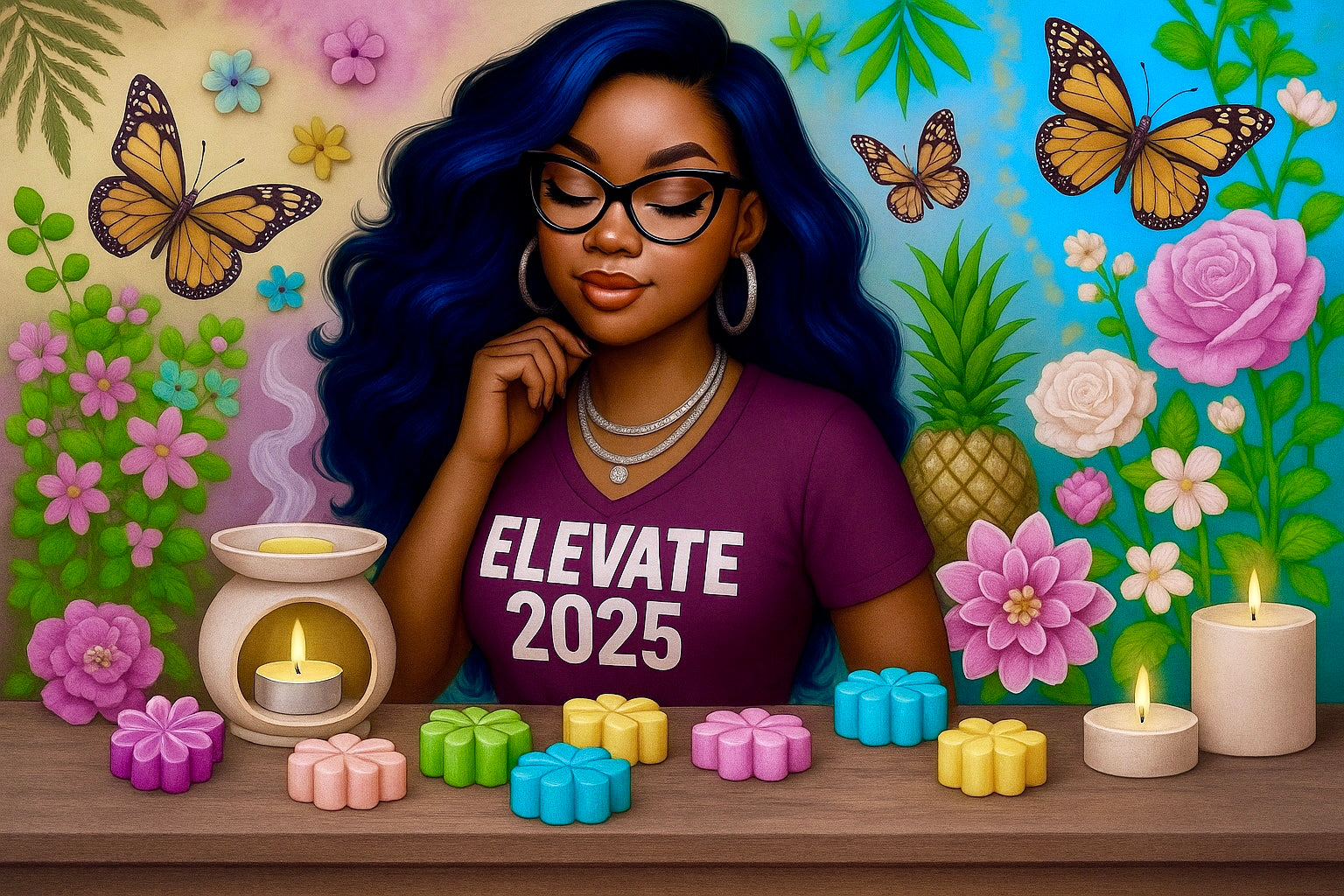 Woman with 'Elevate 2025' shirt surrounded by wax warmer, wax melts and flowers