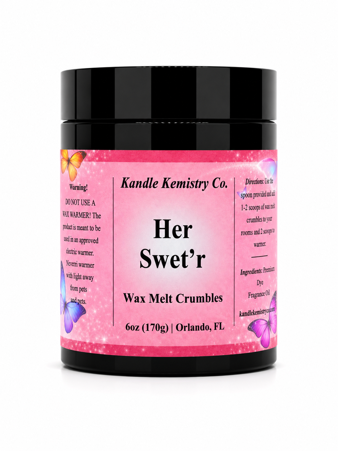 A black plastic jar of Kandle Kemistry Co. 'Her Swet'r' Wax Melt Crumbles, featuring a pink label with butterfly illustrations and white text, set against a plain white background.