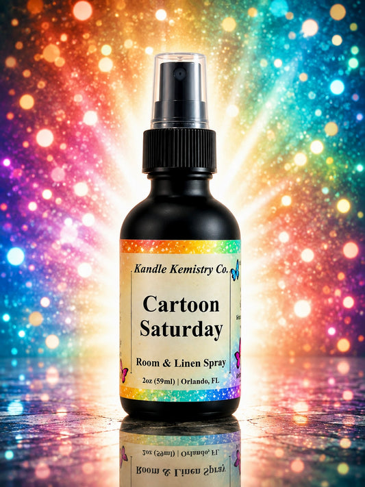 A 2oz room and linen spray bottle from Kandle Kemistry Co. labeled 'Cartoon Saturday', shown against a vibrant, colorful bokeh and starburst background.