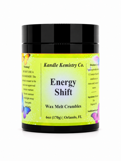 A black plastic jar of Kandle Kemistry Co. Energy Shift Wax Melt Crumbles, 6 oz, on a white background.