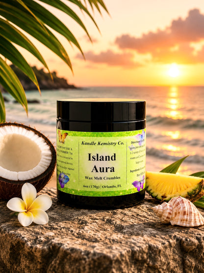 Island Aura wax melt crumbles on beach at sunset with coconut and pineapple, inspired by a creamy Coconut Colada fragrance