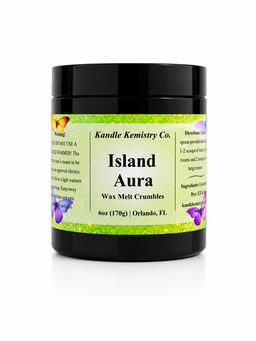 Island Aura wax melt crumbles in black jar by Kandle Kemistry Co, Coconut Colada inspired fragrance with pineapple, peach, and coconut notes