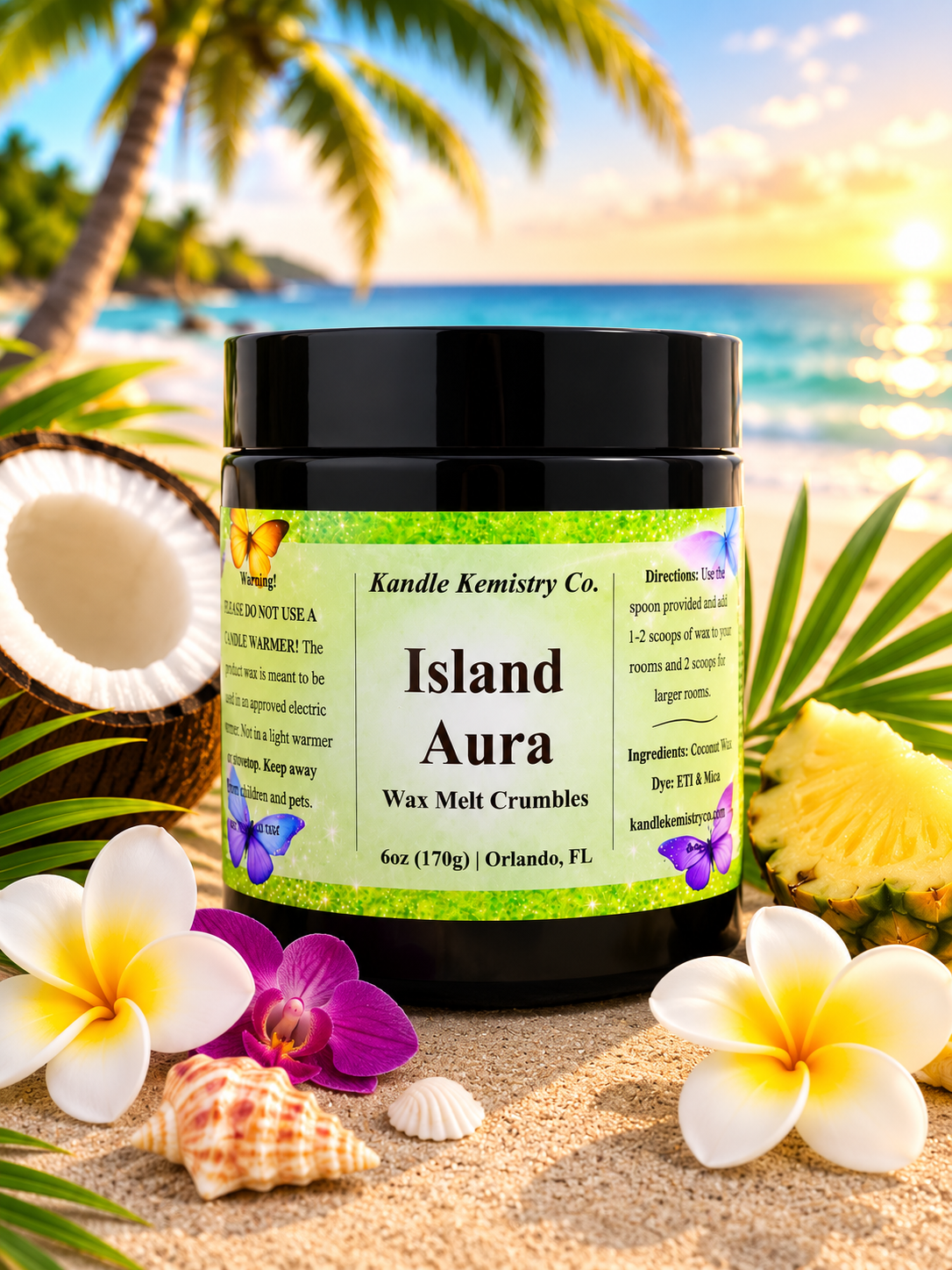 Island Aura wax melt crumbles in tropical beach setting with flowers, coconut, and pineapple, soft luxury home fragrance vibe