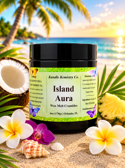 Island Aura wax melt crumbles in tropical beach setting with flowers, coconut, and pineapple, soft luxury home fragrance vibe