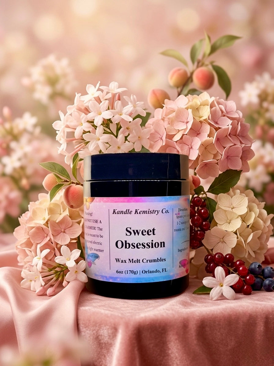 Jar of 'Sweet Obsession' wax melt crumbles with flowers and berries in the background