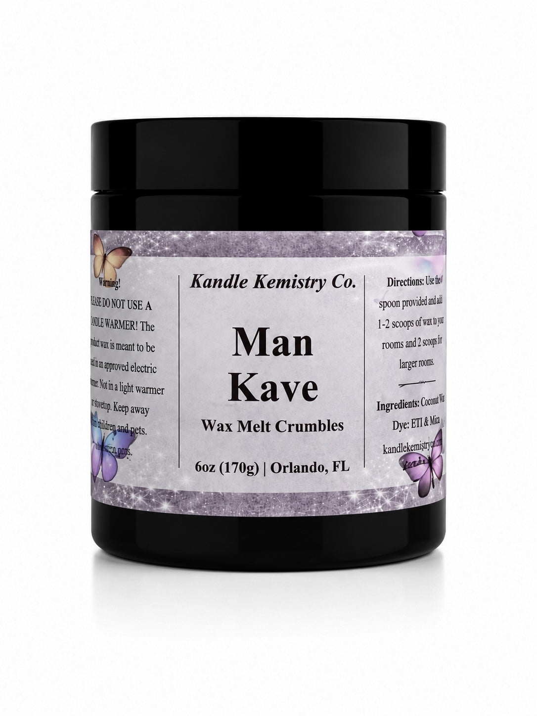 A black plastic jar of Kandle Kemistry Co. 'Man Kave' wax melt crumbles, featuring a white label with black text and purple lavender illustrations on the sides, set against a plain white background.