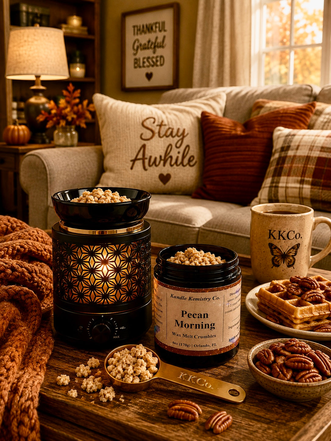 A cozy autumn living room scene with a jar of Kandle Kemistry Co. Pecan Morning Wax Melt Crumbles
