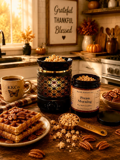 A kitchen scene showing a jar of Pecan Morning wax melt crumbles next to a decorative black and gold wax melt warmer filled with wax melt crumbles, with waffles, pecans, and a mug on a wooden table in a warm autumn kitchen setting