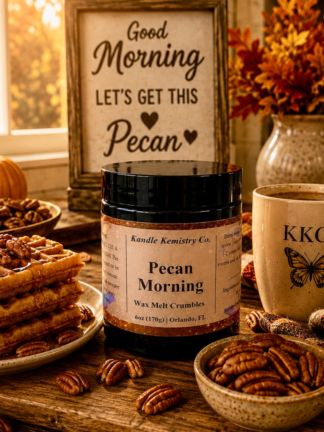 A jar of Kandle Kemistry Co. Pecan Morning wax melt crumbles is styled on a rustic wooden table with waffles, pecans, a mug from K.