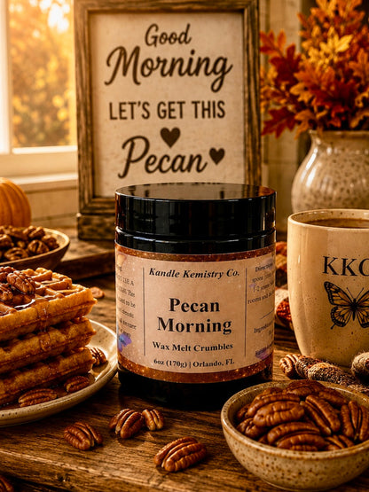A jar of Kandle Kemistry Co. Pecan Morning wax melt crumbles is styled on a rustic wooden table with waffles, pecans, a mug from K.