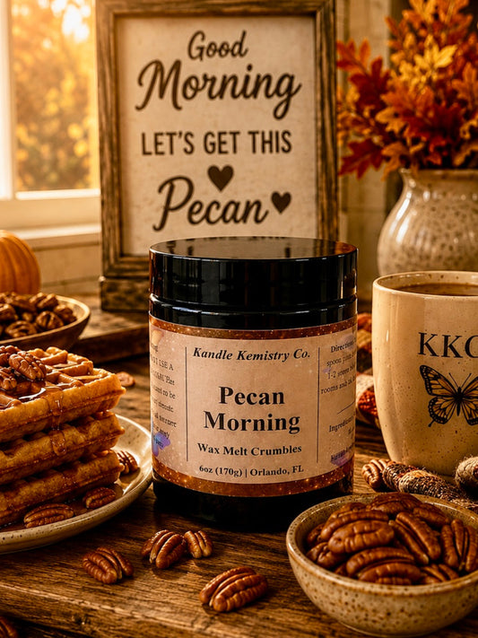 A jar of Kandle Kemistry Co. Pecan Morning wax melt crumbles is styled on a rustic wooden table with waffles, pecans, a mug from K.