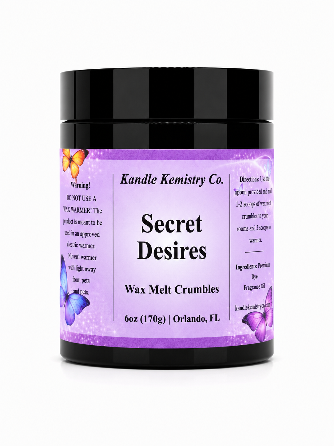 A black plastic jar of Kandle Kemistry Co. Secret Desires Wax Melt Crumbles, featuring a lavender purple label with butterfly illustrations and white text, set against a plain white background.