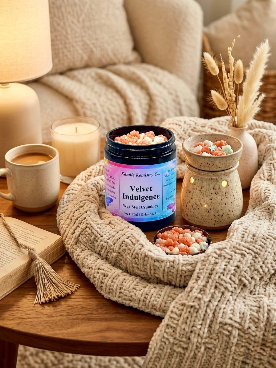 Candle with 'Velvet Indulgence' wax melt crumbles  packaging on a wooden table with a cozy living room setting.