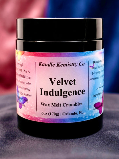 Jar of Kandle Kemistry Co. Velvet Indulgence Wax Melt Crumbles with colorful label.