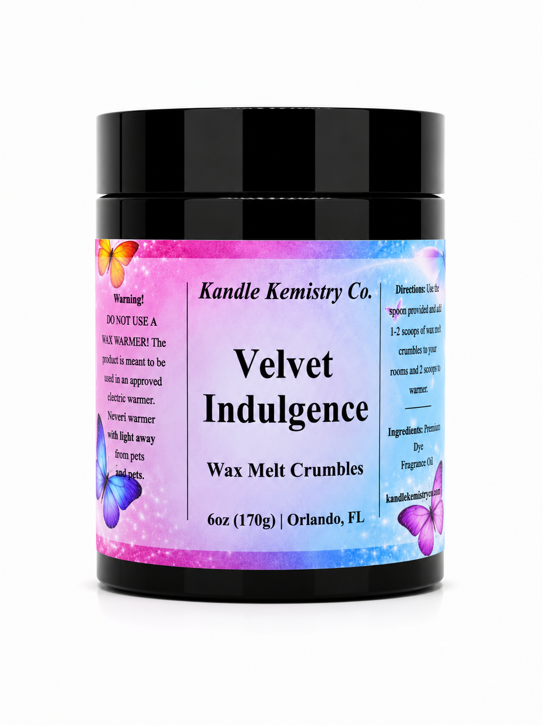 A black plastic jar of Kandle Kemistry Co. Velvet Indulgence Wax Melt Crumbles, featuring a colorful label with butterflies and a pink-to-blue gradient background.